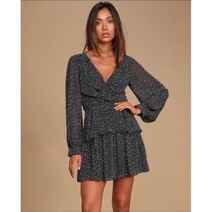 Lulus Black Mini Dress Twist Front Ruffle Sheer Sleeve Ditsy Floral Coquette  XS